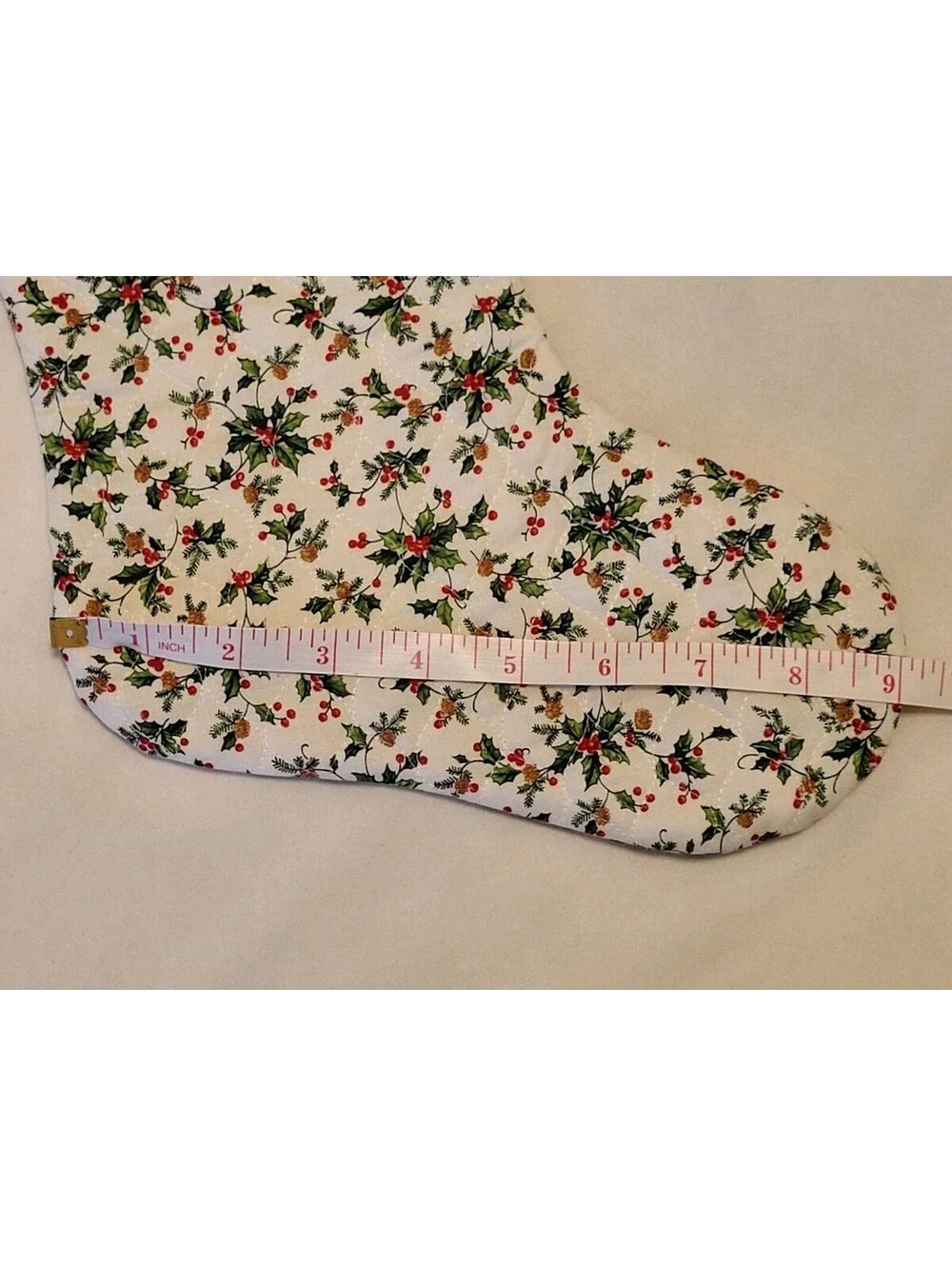Vintage Handmade White Christmas Stocking Holiday Holly Pinecones Ruffles 22”